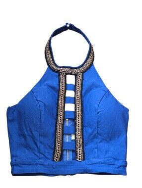 Wild Cat Royal Blue Cage Front Halter Crop Top Black & Gold Tone Chain Detail L